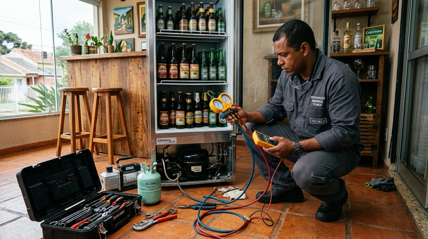 Técnico realizando manutenção de motor de cervejeira em Goiânia‑GO