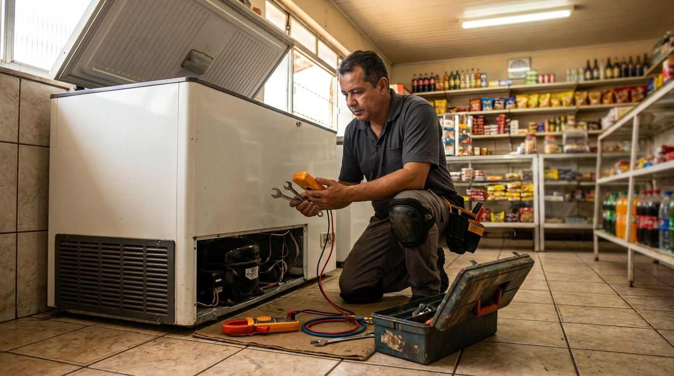Técnico realizando manutenção de motor de freezer em Goiânia‑GO