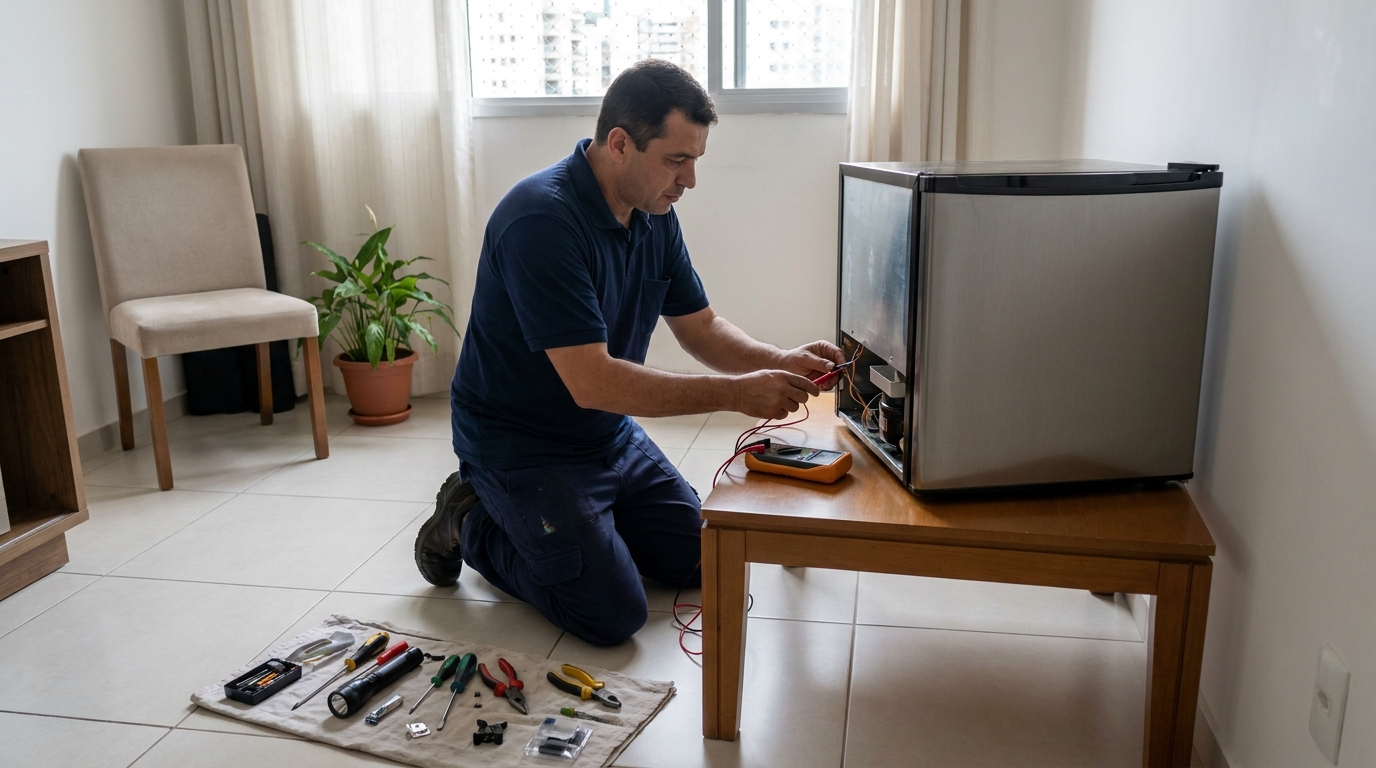 Técnico realizando manutenção de motor de frigobar em Goiânia‑GO